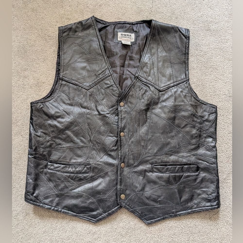 Haband DUKE Leather Vest Men's  Black Patchwork Biker Western Urban XL